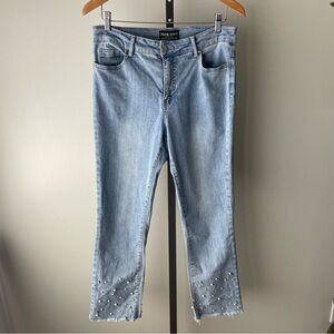 Frank Lyman Pearl Rhinestone Embellished Light Wash Denim Jeans Size Medium